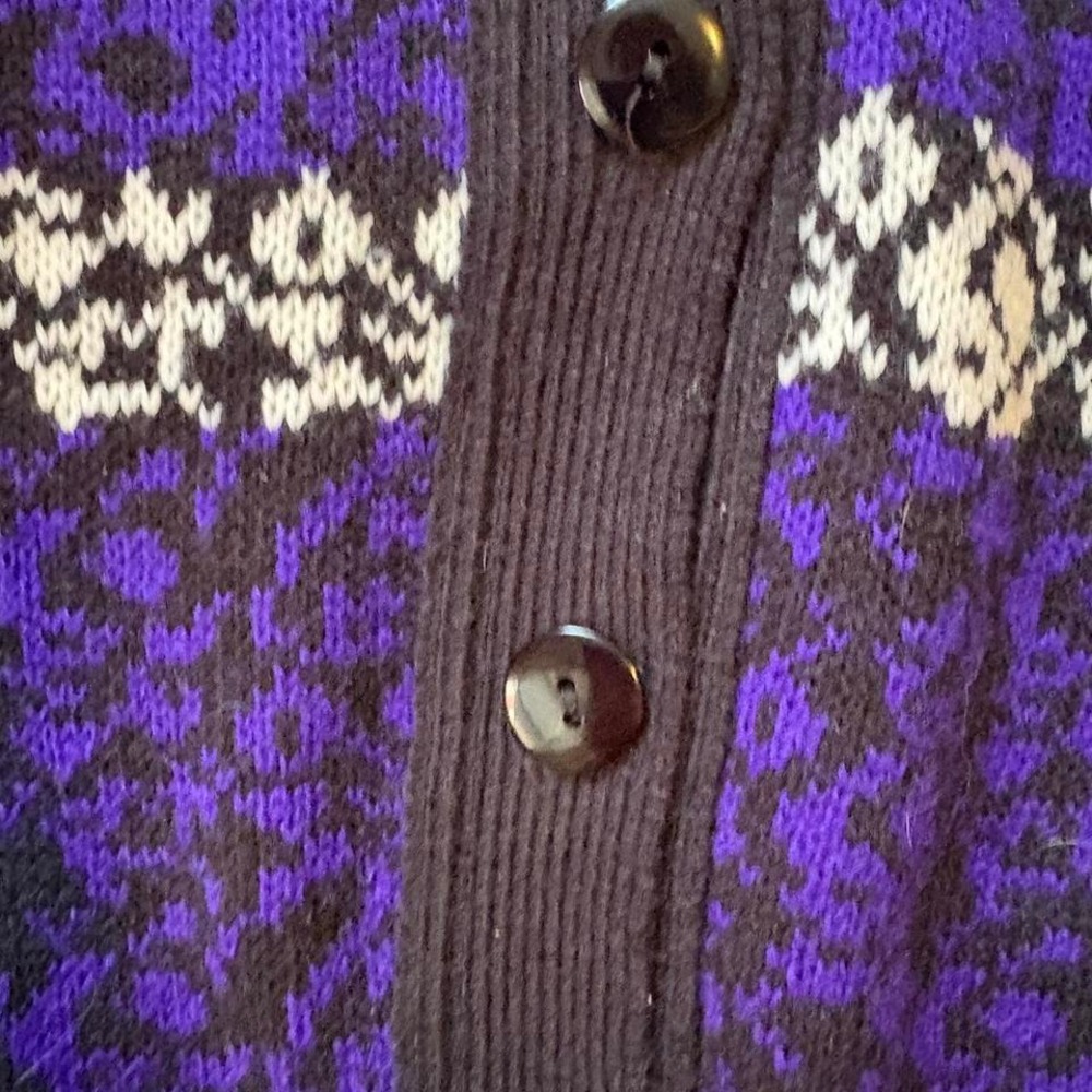 Vtg Patterned Cardigan Sweater Women's Buttons Purple Black 80s Bold Dopamine‎ M - Picture 3 of 8